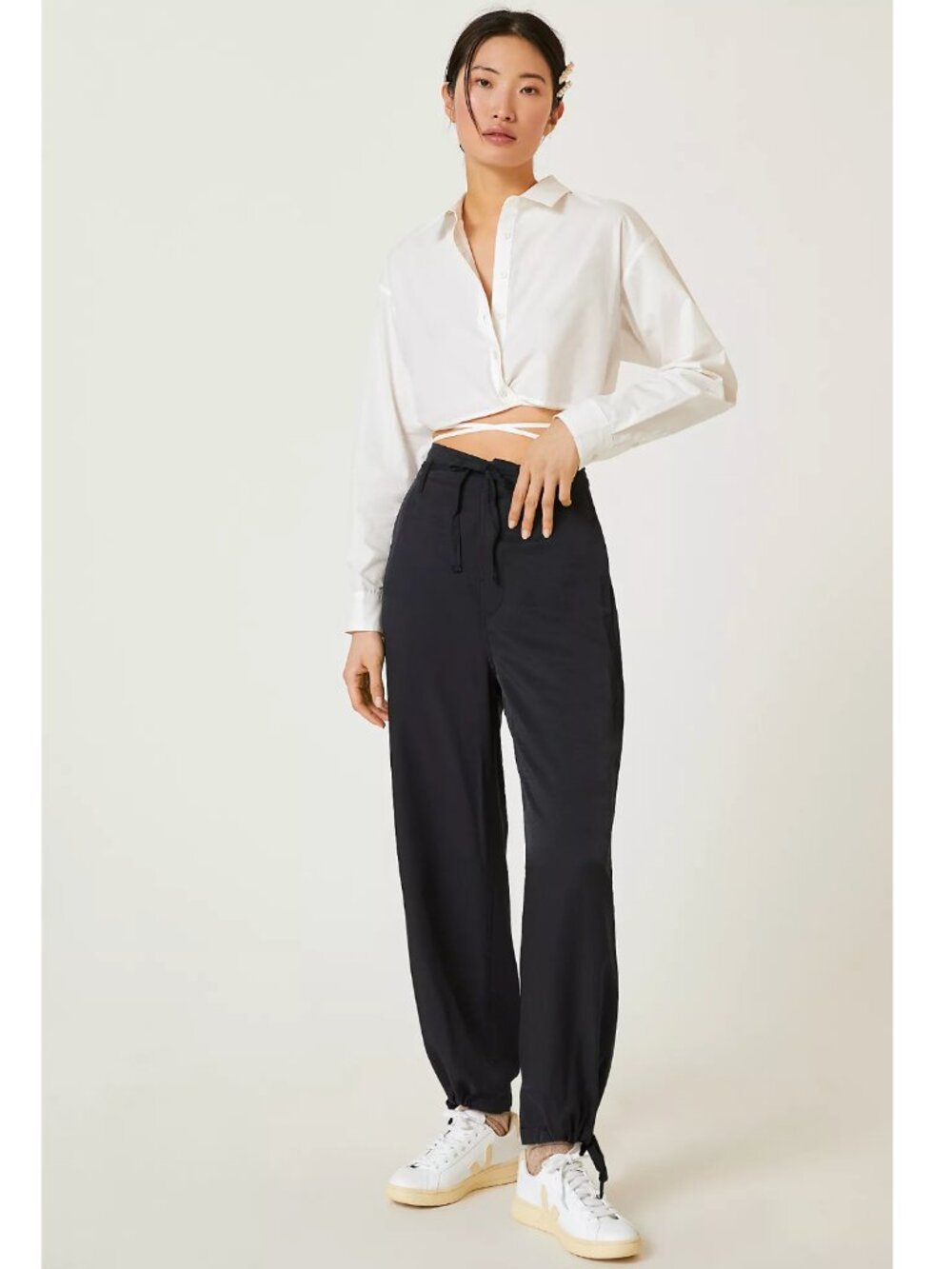 Anthropologie Tiny Heidi High Waist Satin Pants Womens M Black Ankle Tie Baggy - Picture 1 of 9